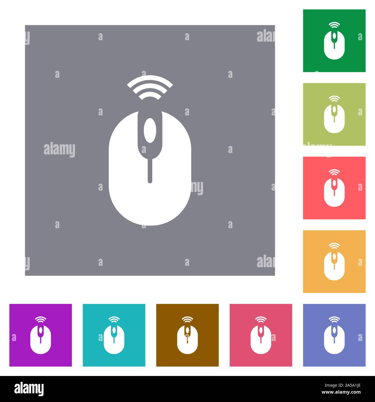 Solid wireless computer mouse icon set. Represents wireless connectivity and computer peripherals. Presented in various colors. Stock Vector