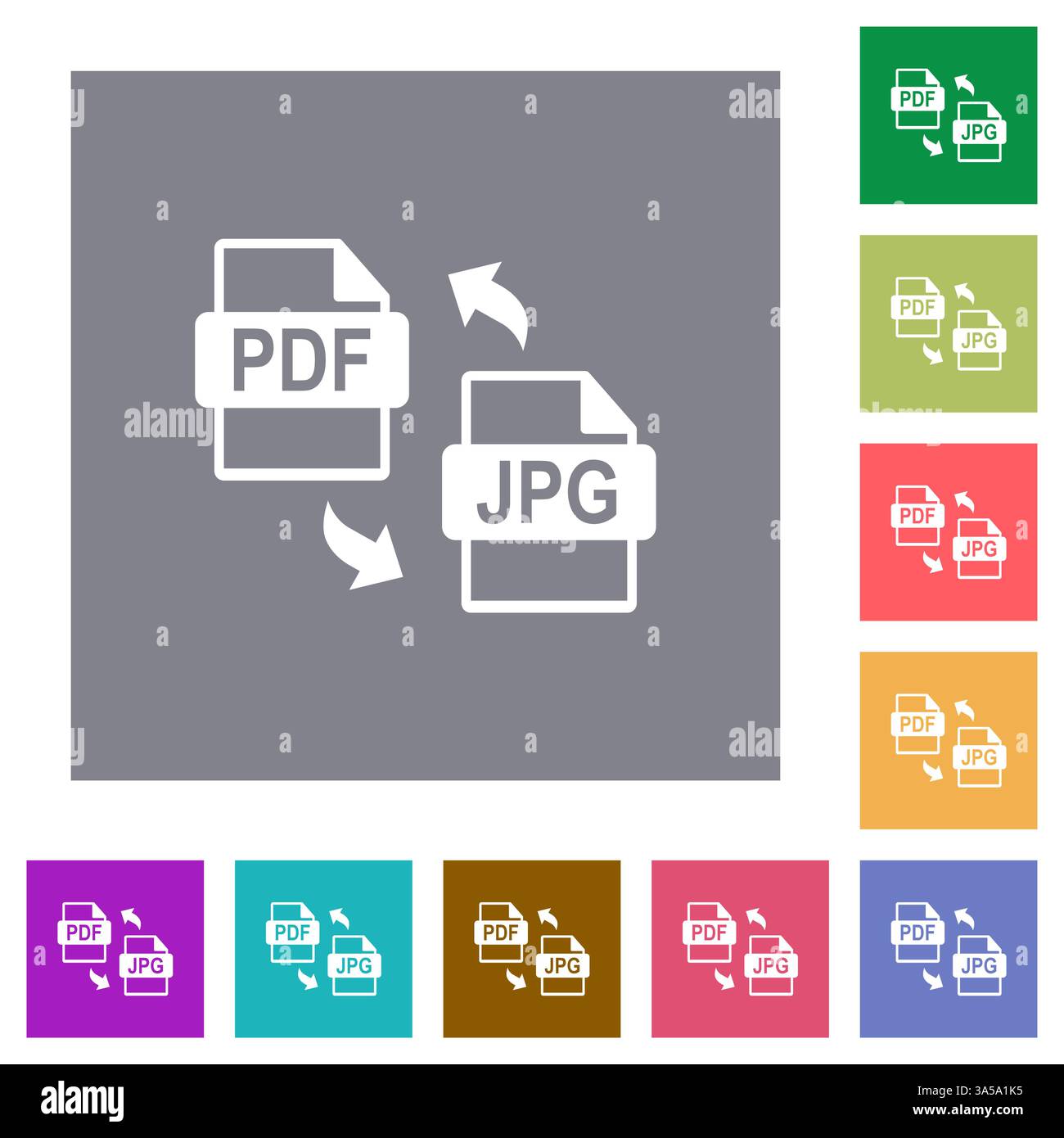 Solid icon set showing conversion between PDF and JPG file formats. Includes curved arrows to indicate the process. Multi-color. Stock Vector