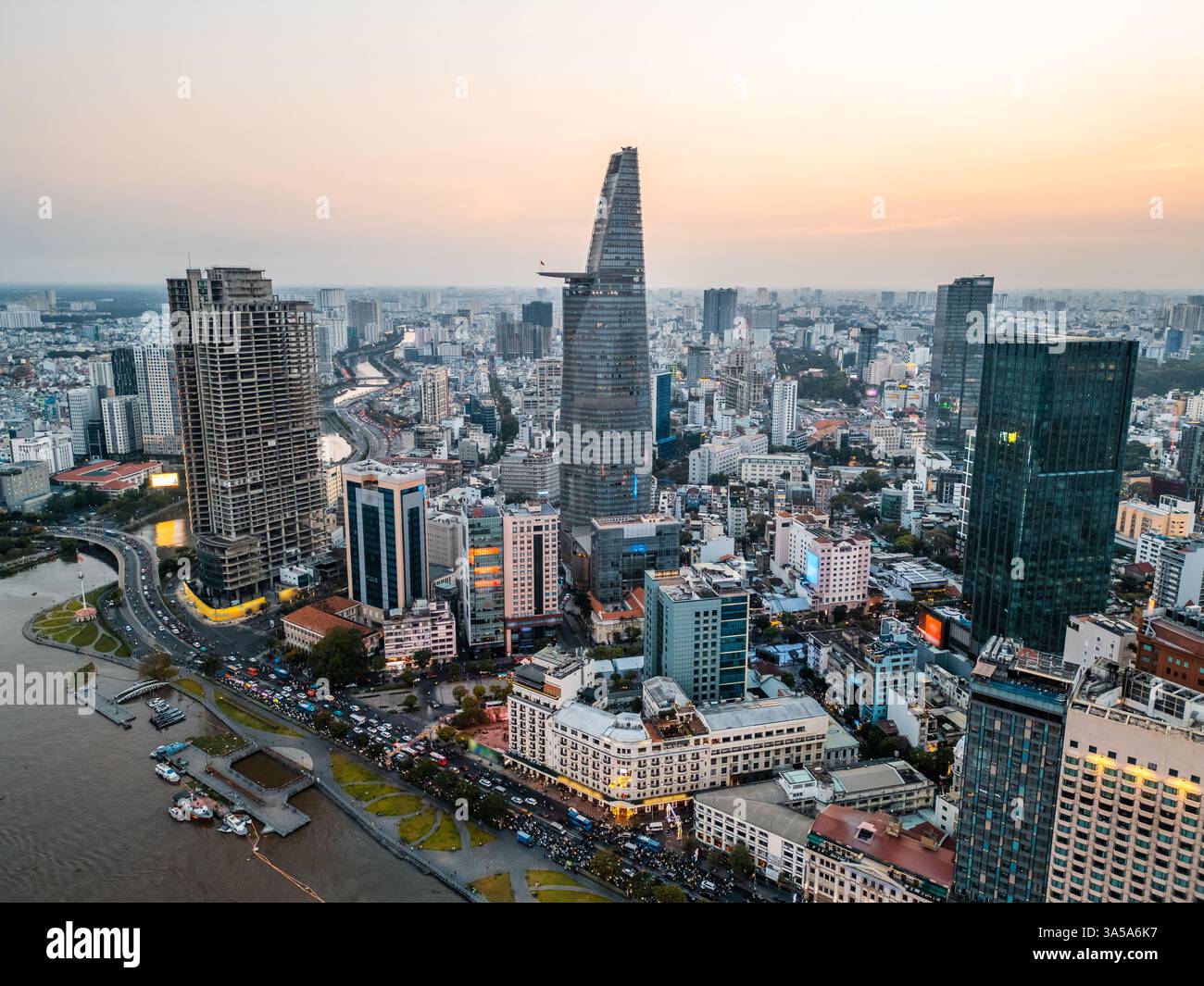 Beautiful Sunset Over Ho Chi Minh City Skyline And Saigon River Green 