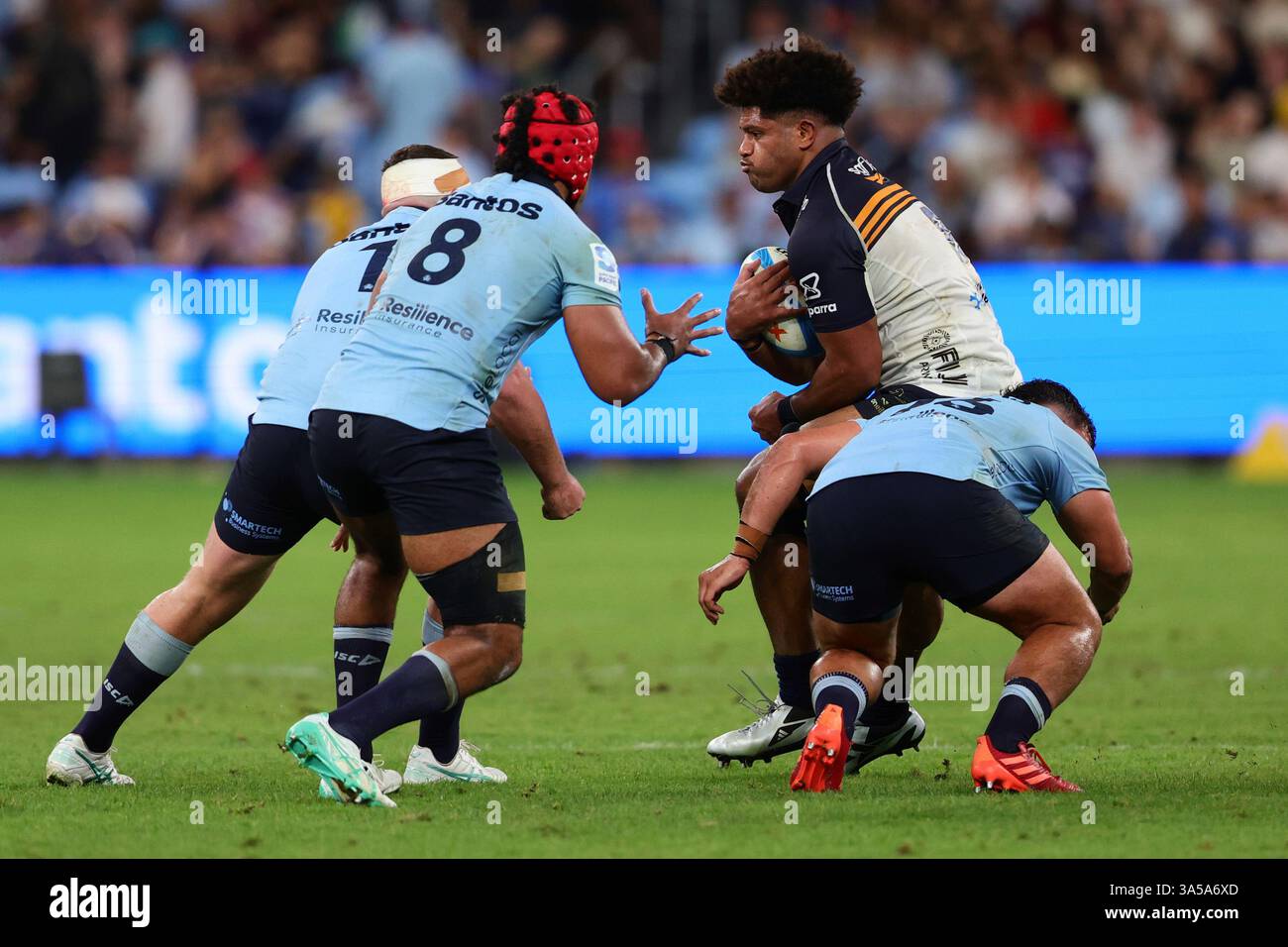 SYDNEY, AUSTRALIA - MARCH 22: Rob Valetini of ACT Brumbies is tackled ...