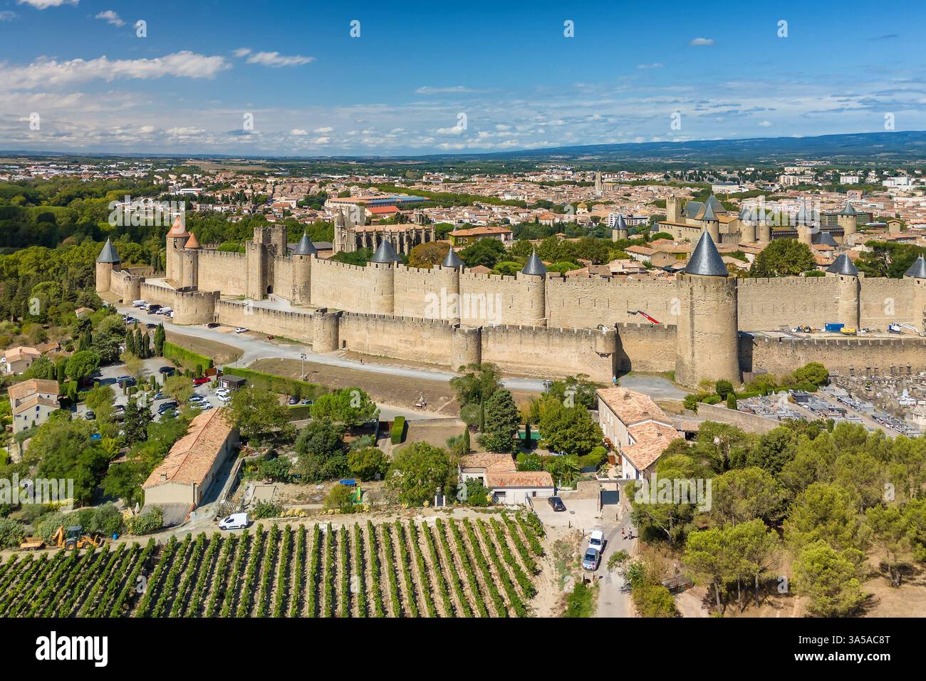 Aerial view of the medieval city of Carcassonne and its fortress castle ...