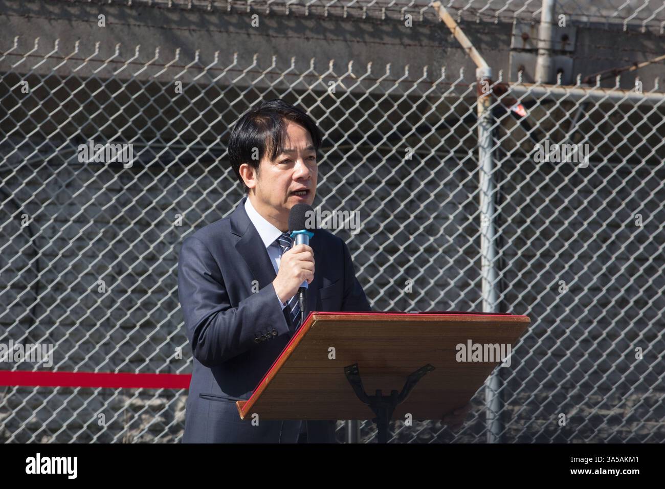 Taiwan President Lai Ching-te delivers a speech while inspecting the ...