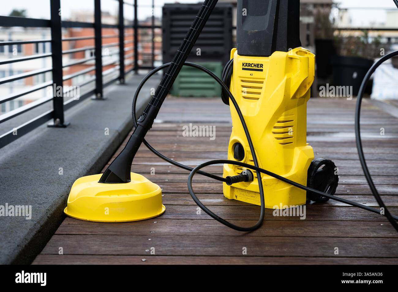 High pressure washer Kärcher K2, after cleaning a wooden terrace in Jette, Brussels, Belgium. March 21, 2025 Stock Photo