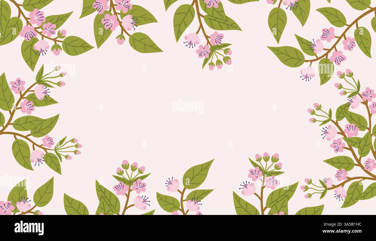 Beautiful cherry blossom branches pattern frame. Spring greeting card, postcard, invitation template, etc. Stock Vector