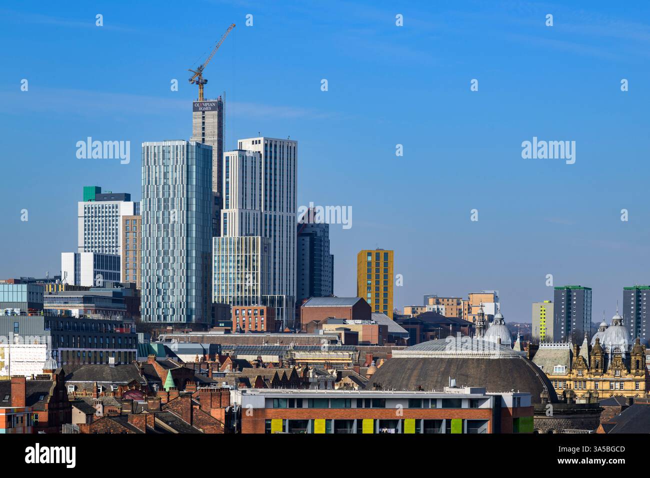 Leeds City Centre Skyline 2025 including the crane of Arena Point student apartments under construction, which will be Leeds tallest building. Stock Photo