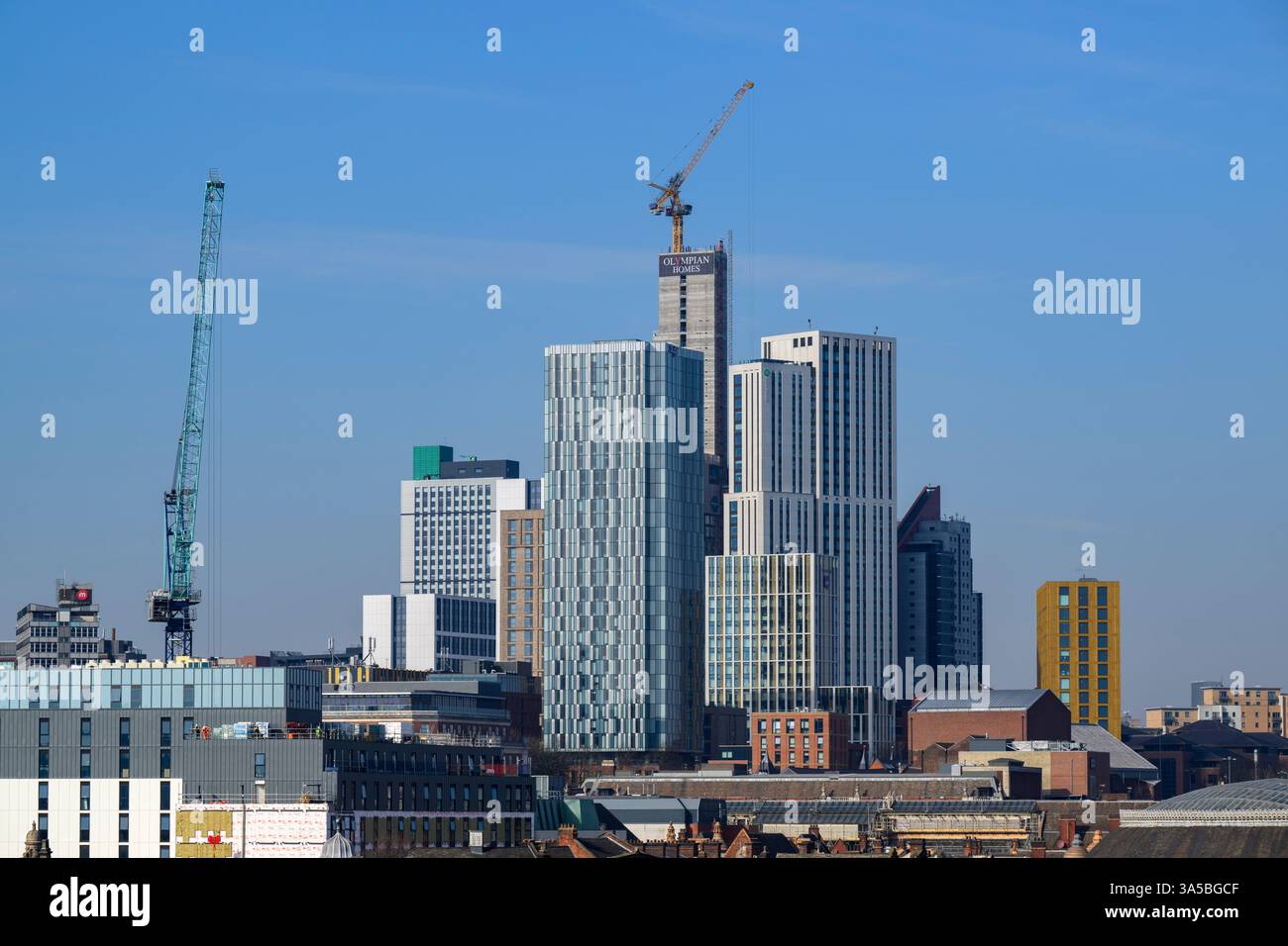 Leeds City Centre Skyline 2025 including the crane of Arena Point student apartments under construction, which will be Leeds tallest building. Stock Photo