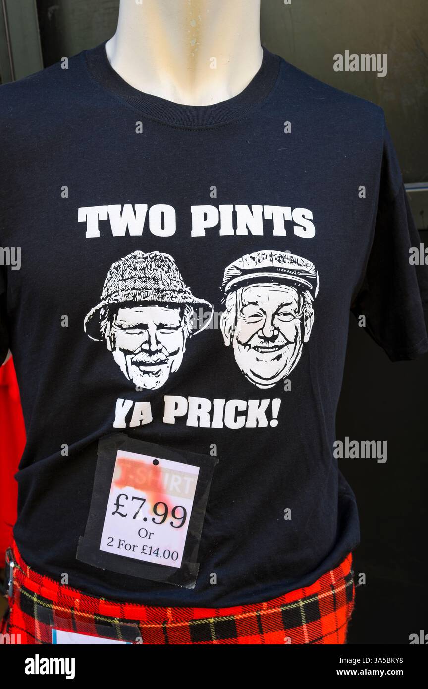 T Shirt for sale outside a gift shop with a quote from TV Sitcom Still Game, Glasgow, Scotland, UK, Europe Stock Photo