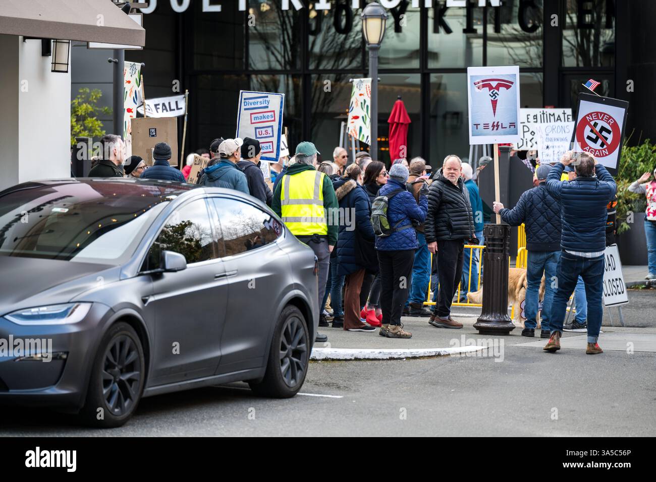 Tesla Outrage Seattle, USA. 22nd Mar 2025. Just after 10:00am Activists descend on ...
