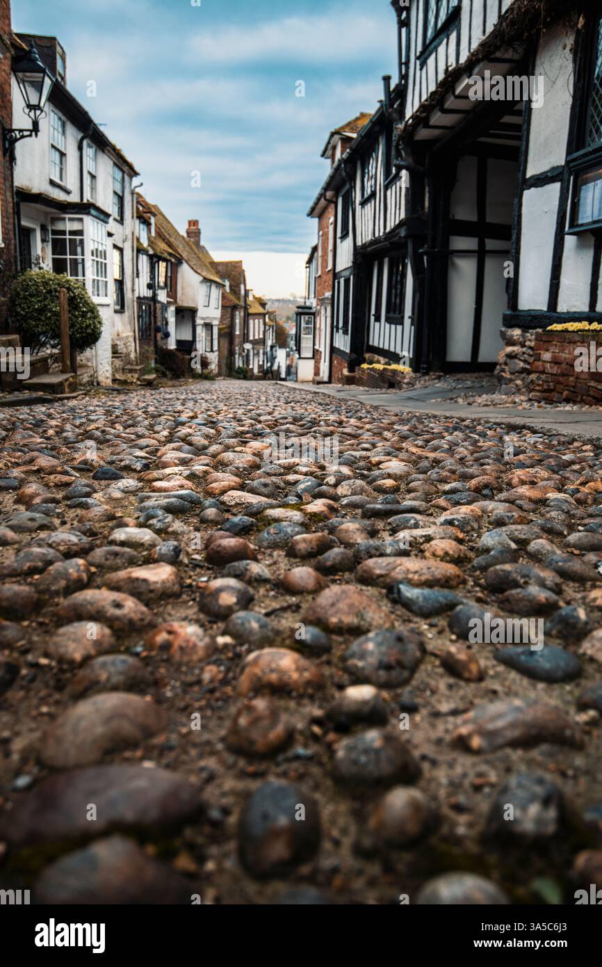 View along the cobbled Mermaid Street in Rye, East Sussex, England UK Stock Photo