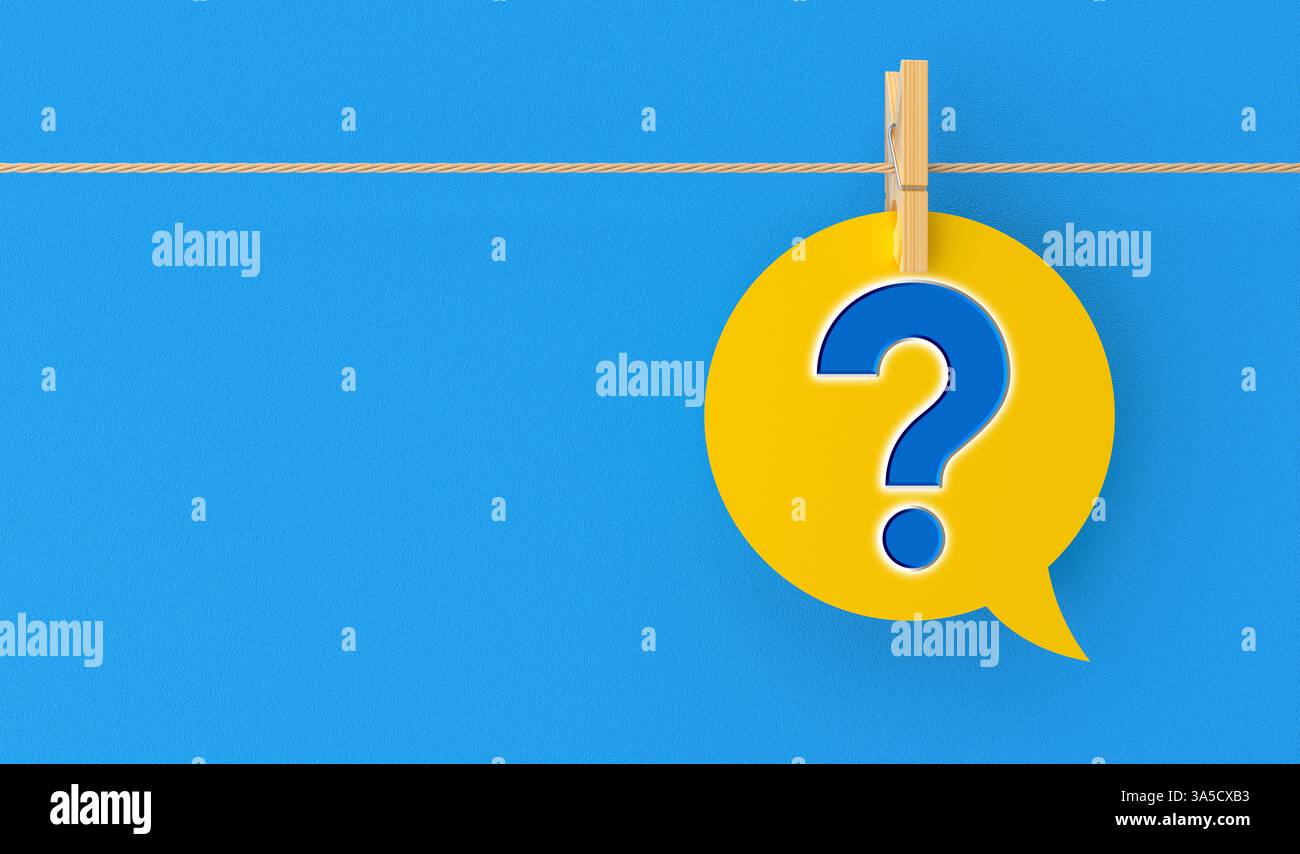 Question mark on a speech balloon attached by string. Blue background Stock Photo