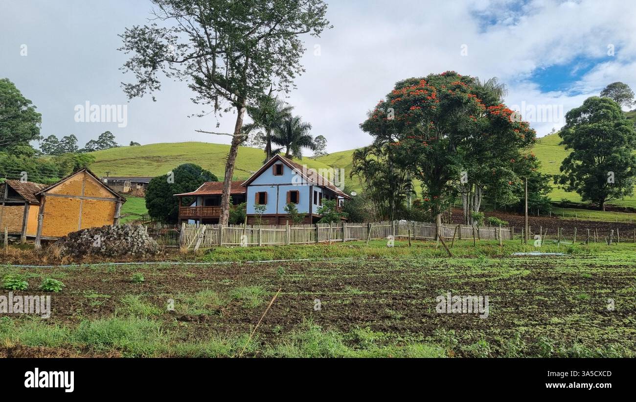 A serene rural valley stretches between lush green hills, where scattered houses rest quietly among trees and grassy fields. - Smartphone Captured Stock Image
