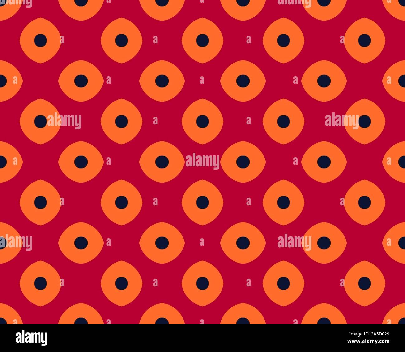 Seamless pattern with orange eye-like shapes on a red background. Stock Photo