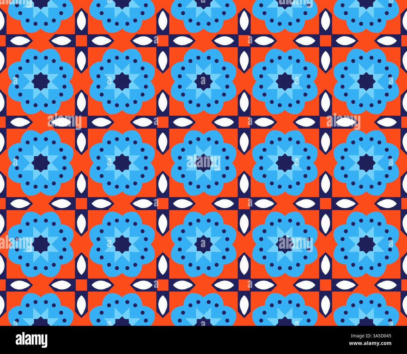 A vibrant geometric pattern featuring blue floral shapes on a red ...