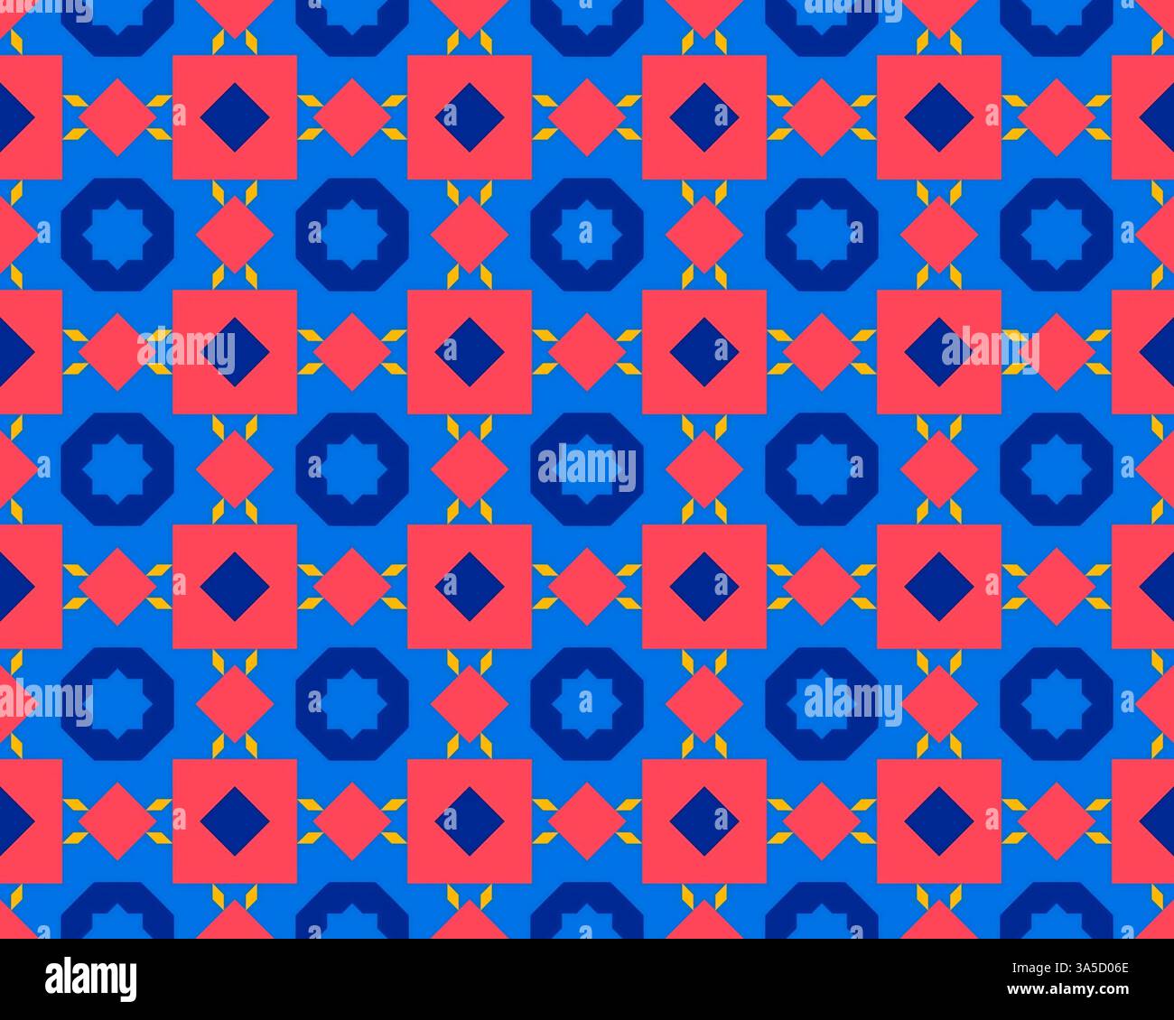 Geometric shapes in bold colors create an engaging seamless pattern suitable for various design projects. Stock Photo