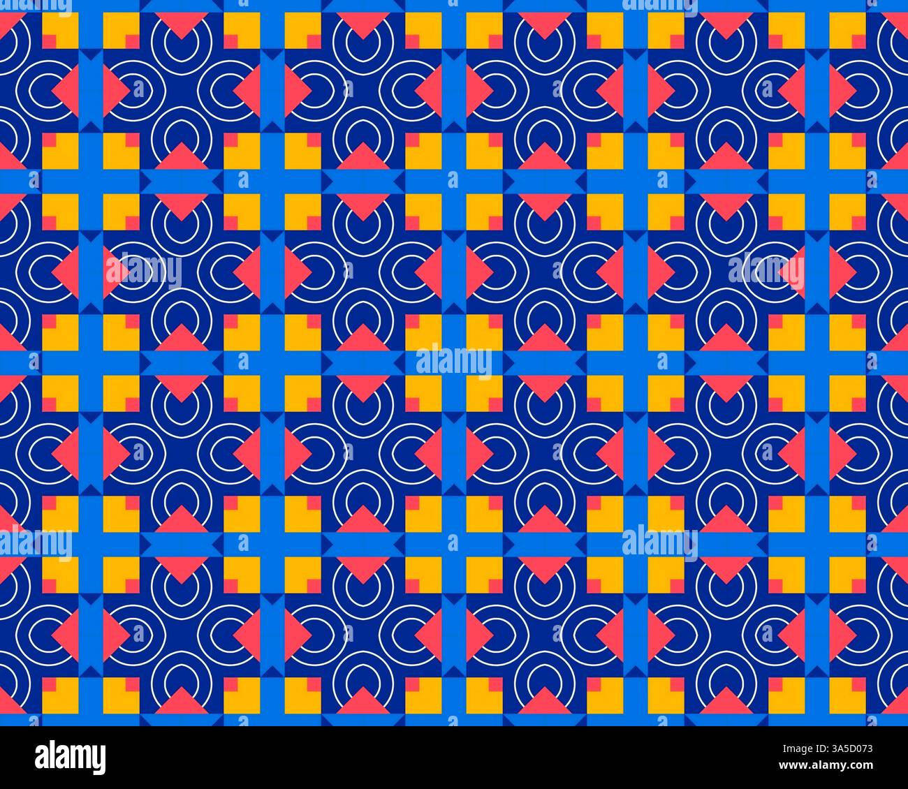 A seamless geometric pattern with blue rounded squares on a teal background, featuring white petal-like shapes inside each square. Stock Photo