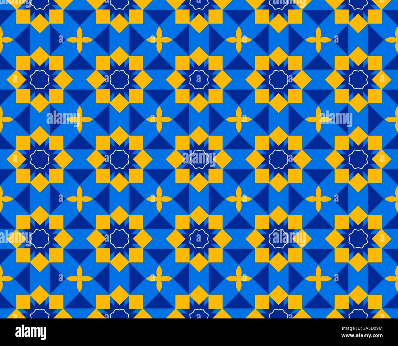 This seamless pattern showcases vibrant blue and yellow geometric ...