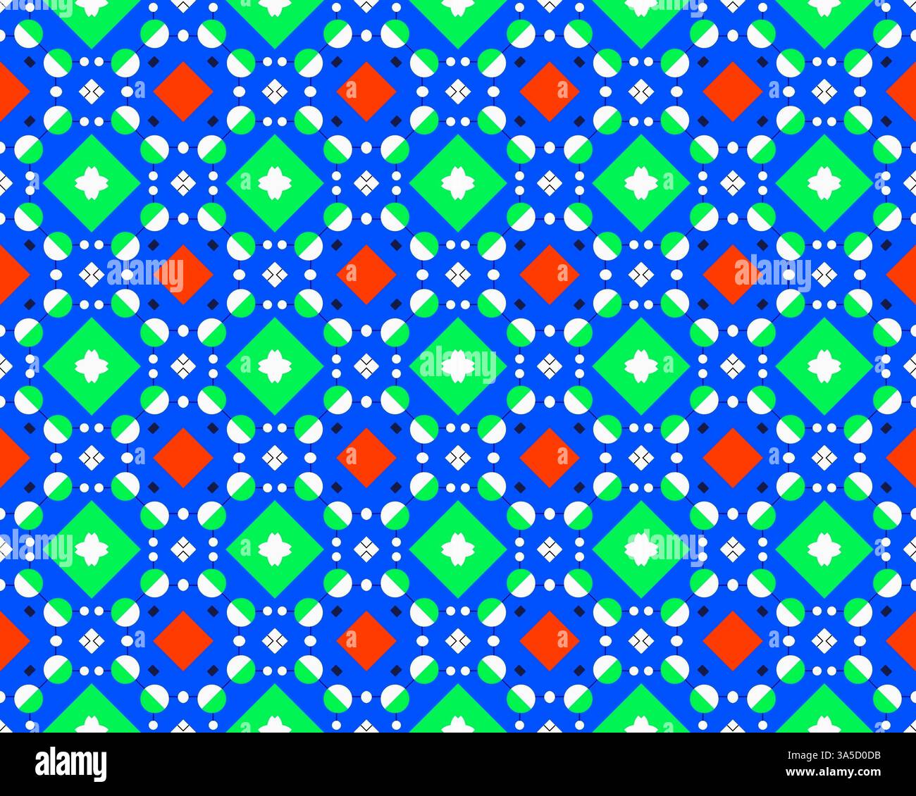 A vibrant geometric pattern featuring yellow circles, blue squares, and ...