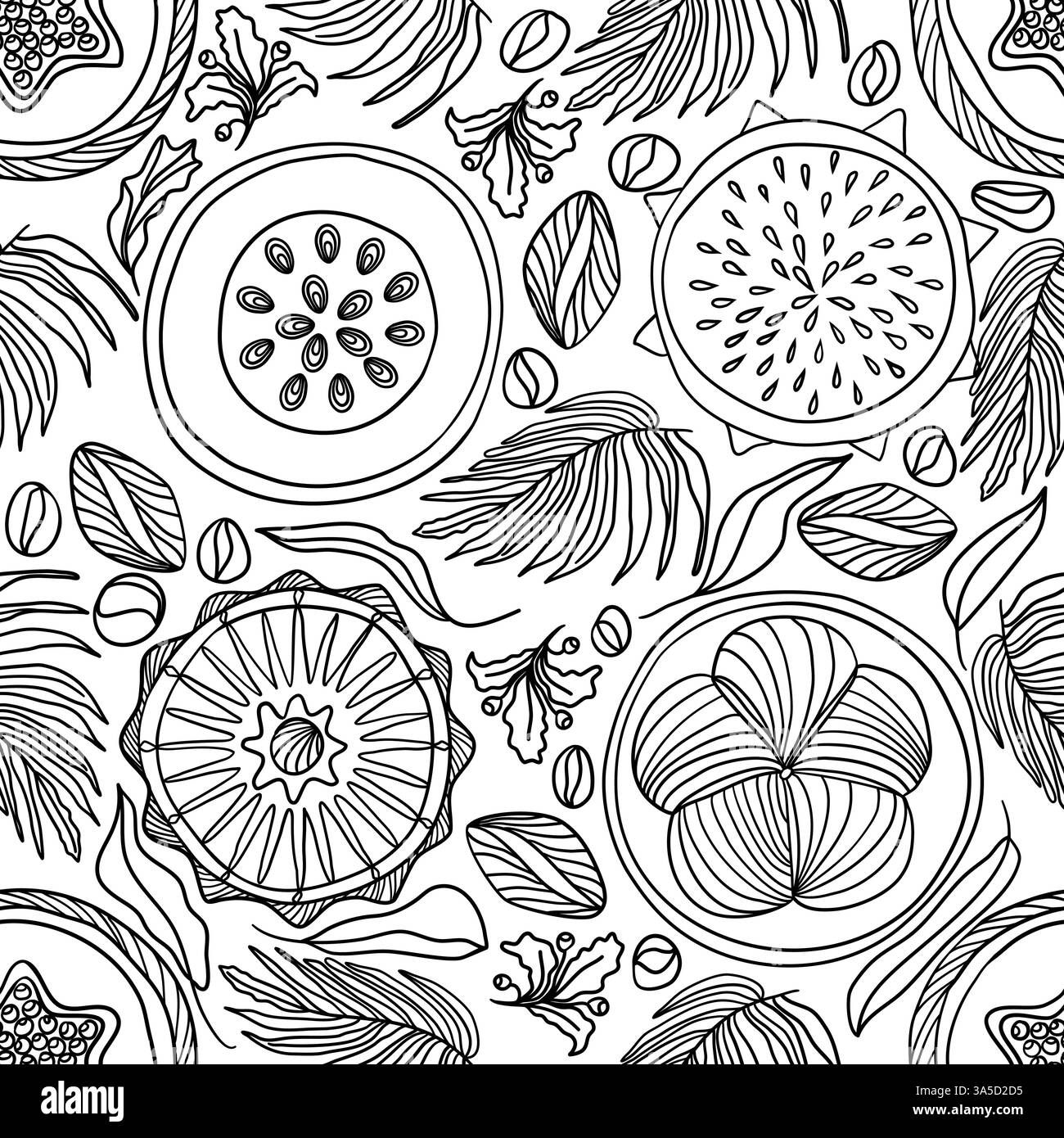 Tropical seamless pattern with fruits and leaves in doodle style Stock Vector