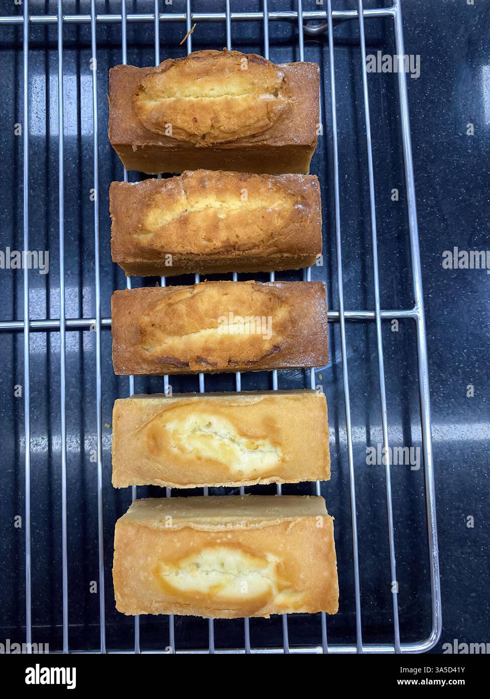 Several golden-brown loaf cakes sit cooling on a wire rack, showcasing various textures and flavors in a warm bakery environment. Stock Photo