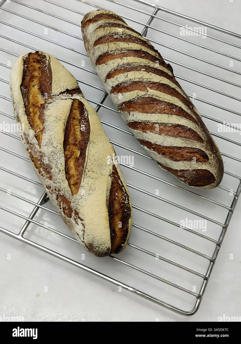 Two golden-brown rustic bread loaves are cooling on a wire rack in a ...