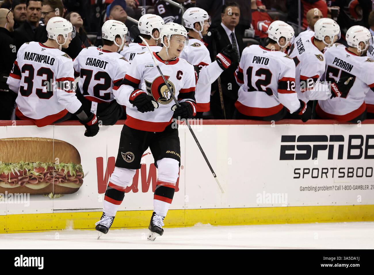 Ottawa Senators left wing Brady Tkachuk (7) reacts after scoring a goal ...