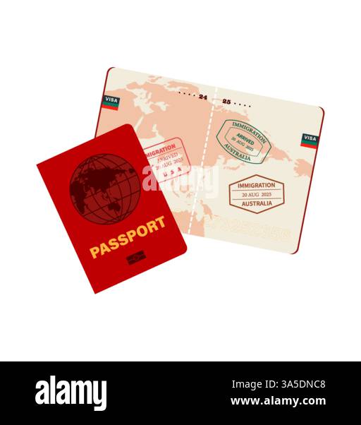 Foreign passport with immigration stamps. Travel-themed vector illustration elements Stock Vector
