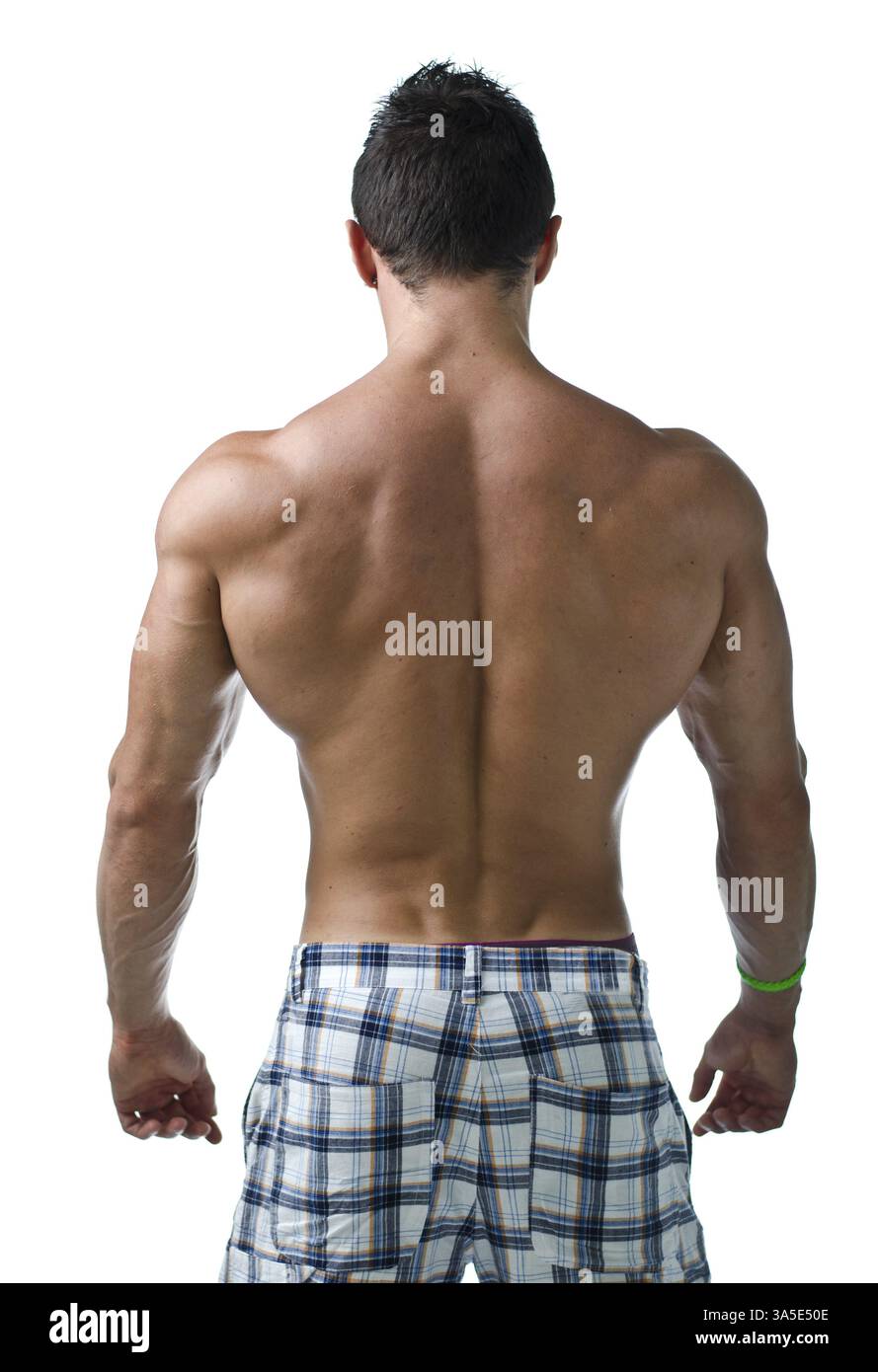 Muscular back of young bodybuilder in relaxed pose. Isolated on white ...