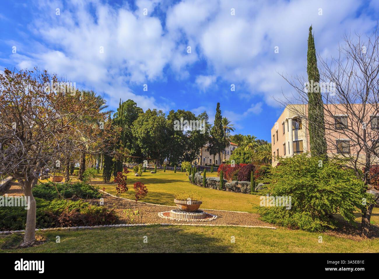 Church Sermon on the Mount - Mount of Beatitudes. Lovely park lit ...