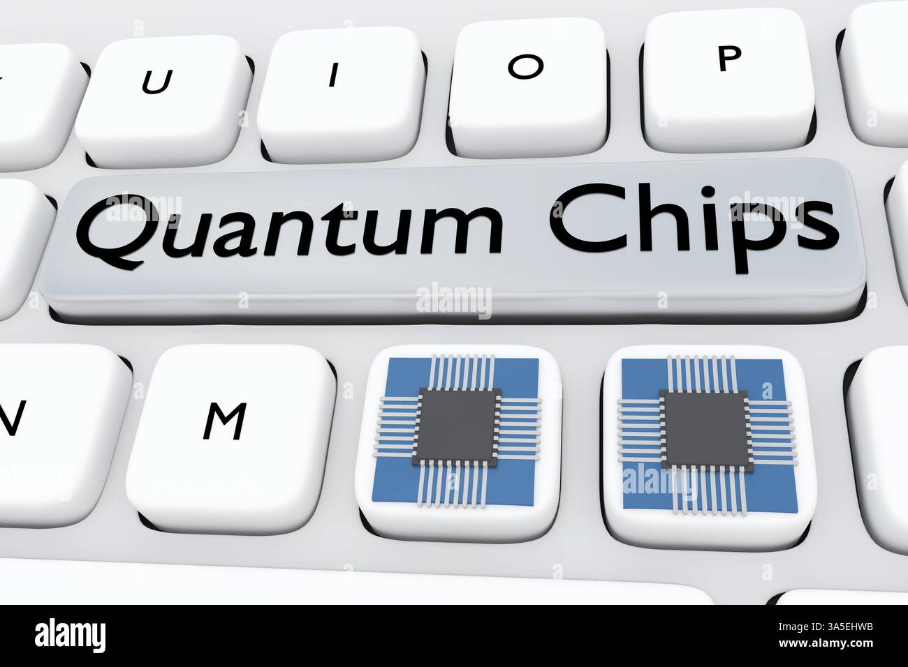 3D illustration of two microchips on a computer keyboard, along with the script Quantum Chips on a gray button. Stock Photo