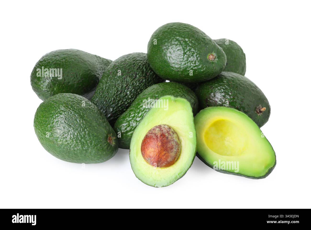 Many whole and cut avocados isolated on white Stock Photo - Alamy