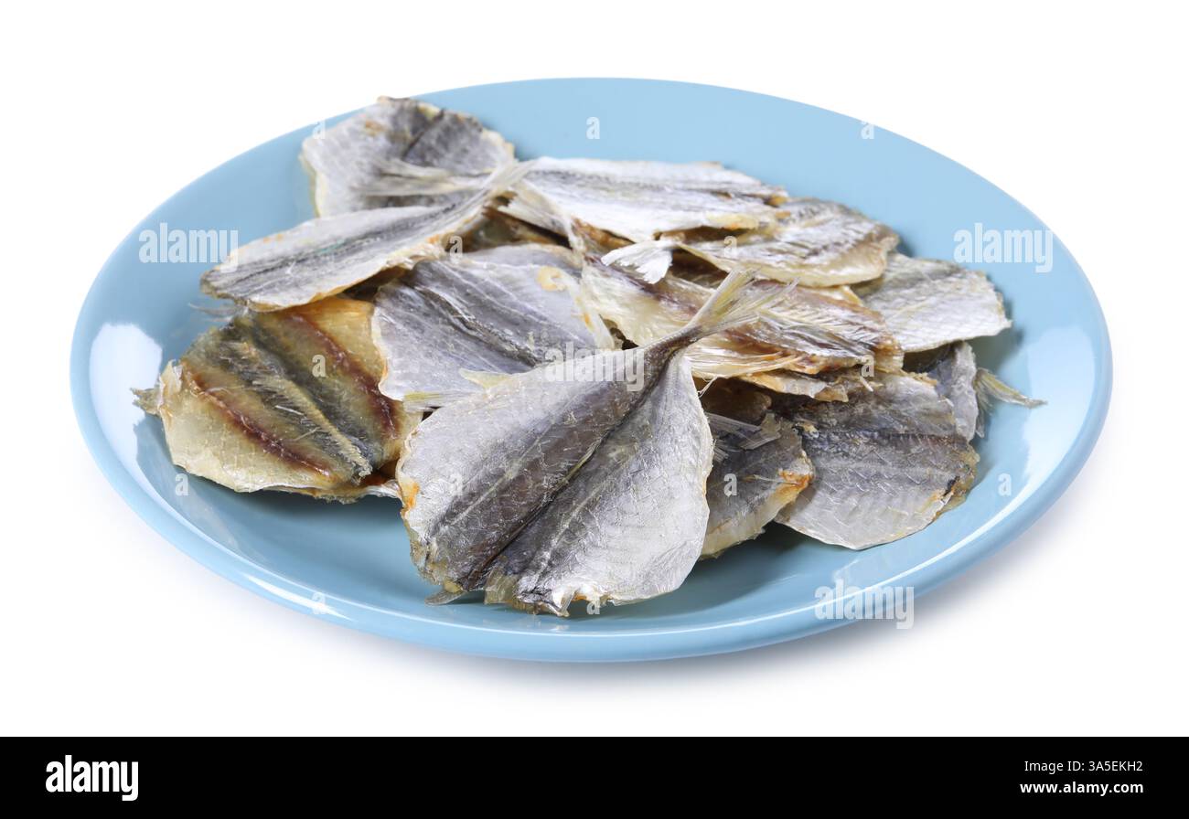 Dried cod fish fillets isolated on white Stock Photo