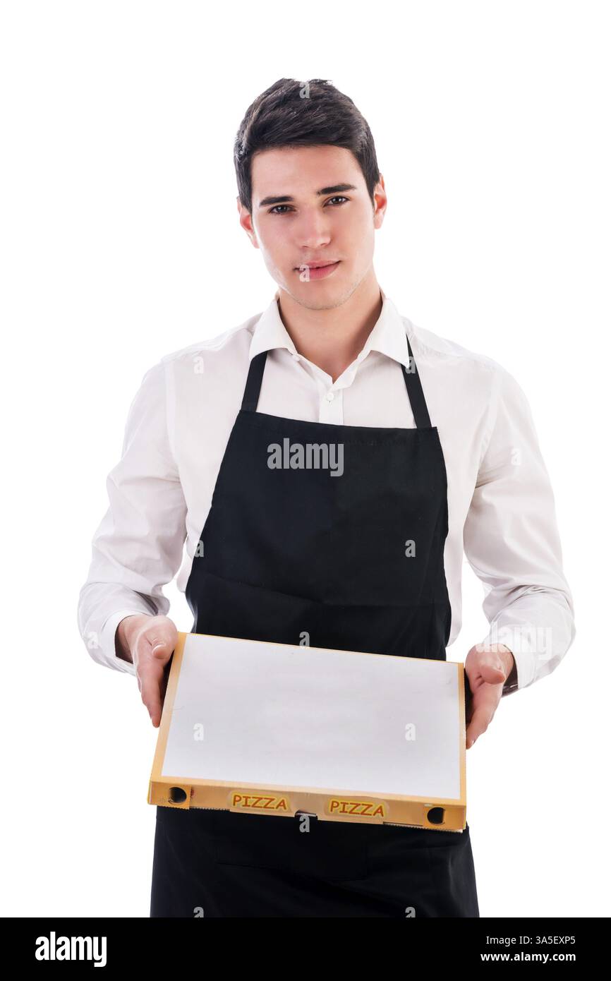 Waiter Box Attractive young chef or waiter holding pizza box isolated on white ...