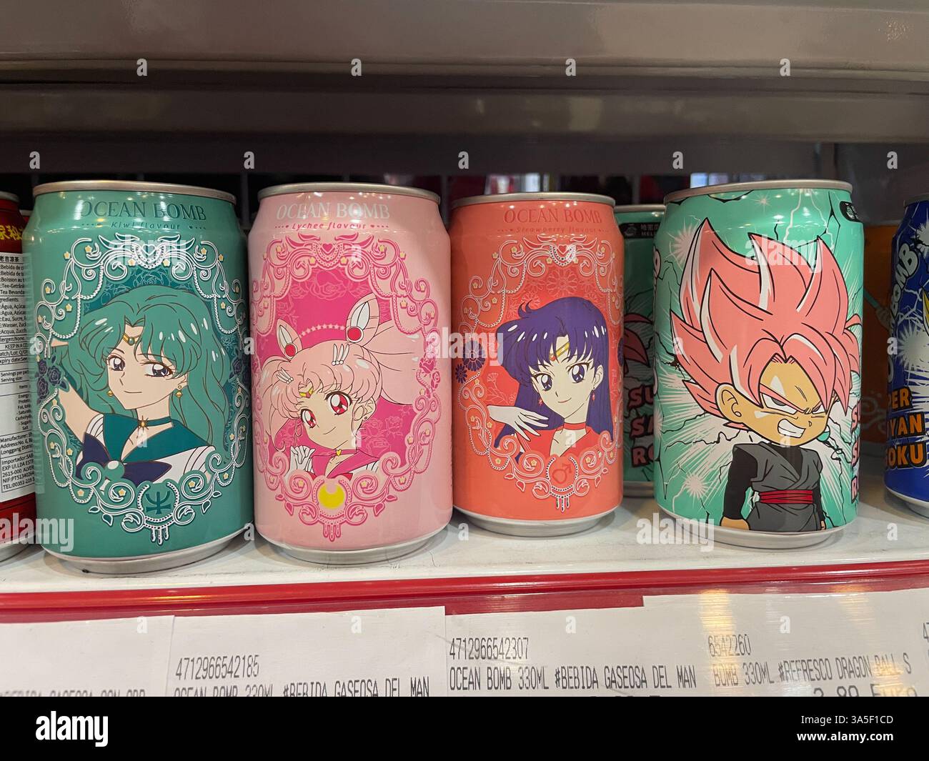 Assorted drink, Ocean Bomb, kiwi and lychee flavour, arranged on a shelf, on a chinese store in Barcelona, Catalonia, Spain - Smartphone Captured Stock Image