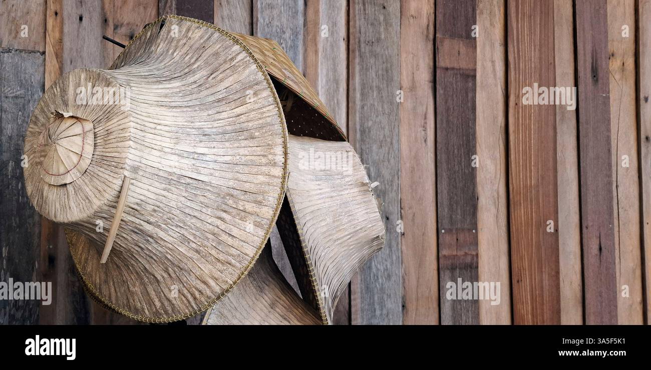 Asian bamboo hat hangs on wooden panel Stock Photo