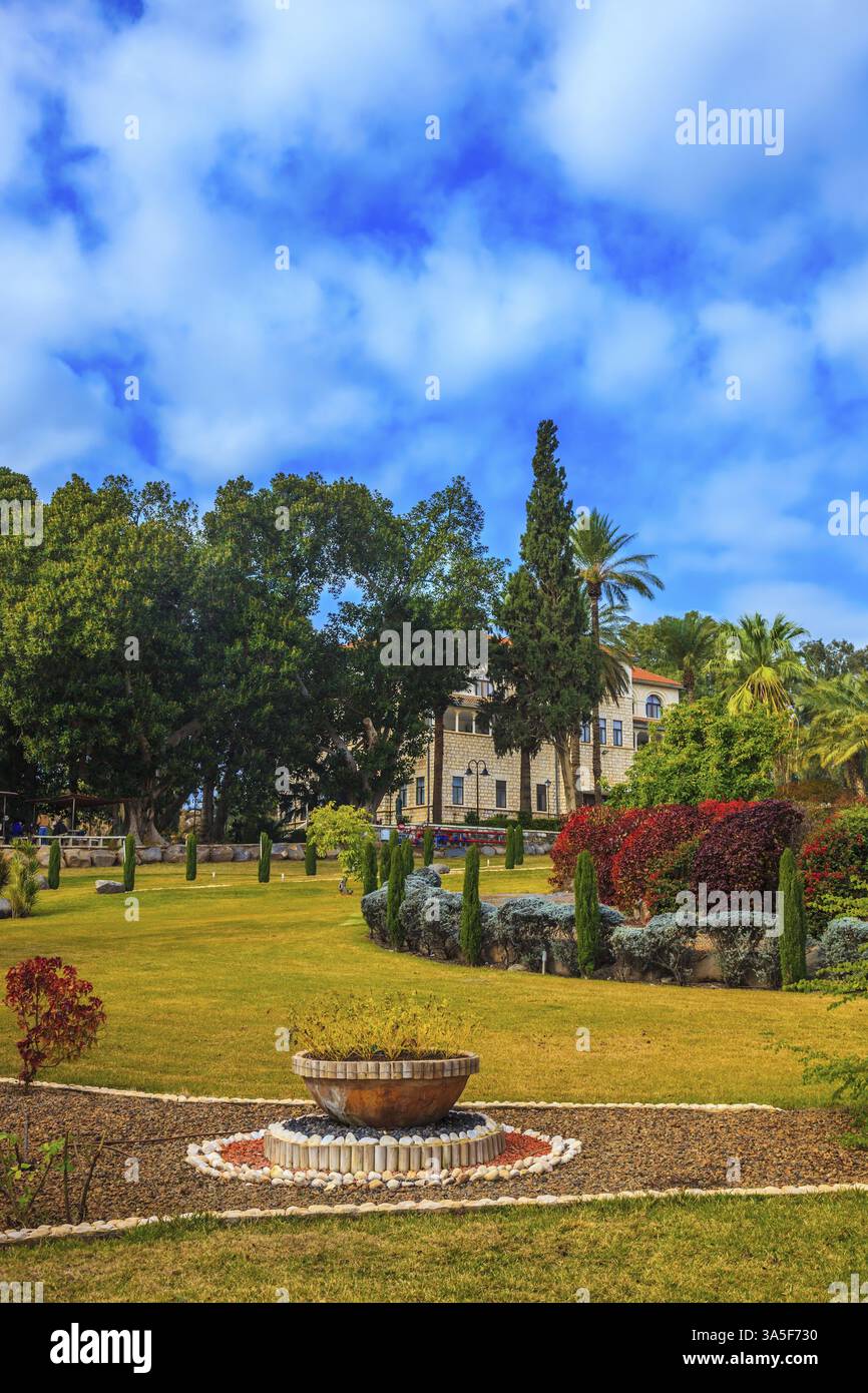 Beautiful park lit afternoon sun. Subtle shade of palms. Church Sermon ...