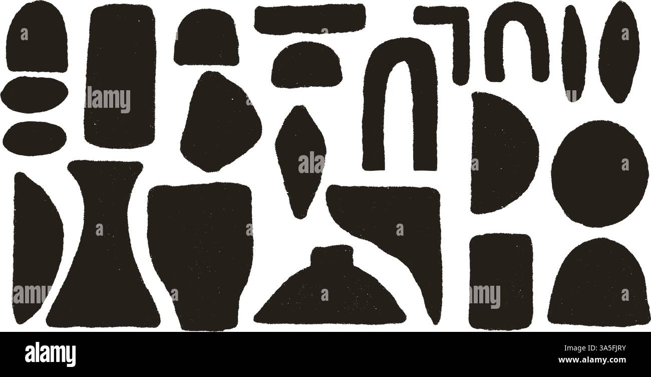 Geometric shapes silhouette rough set. Circle, ellipse, rectangle text boxes. Abstract japandi vase decor. Vector geometry graffiti spray shapes. Hand Stock Vector