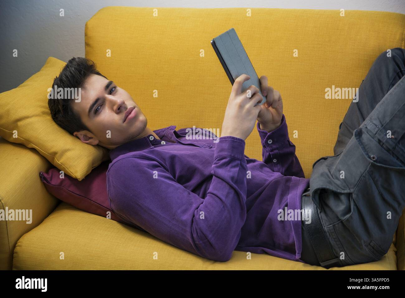 Attractive young man using tablet PC while laying on couch, looking serious at camera Stock Photo
