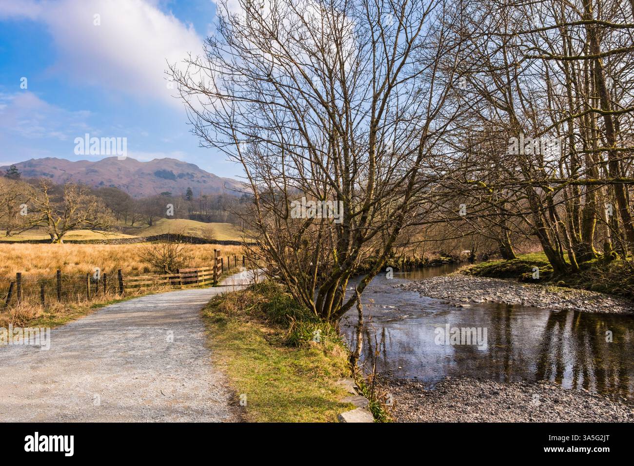 The Cumbria Way path beside the River Brasay in Langdale Valley in Lake District National Park. Elterwater, Ambleside, Cumbria, England, UK, Stock Photo