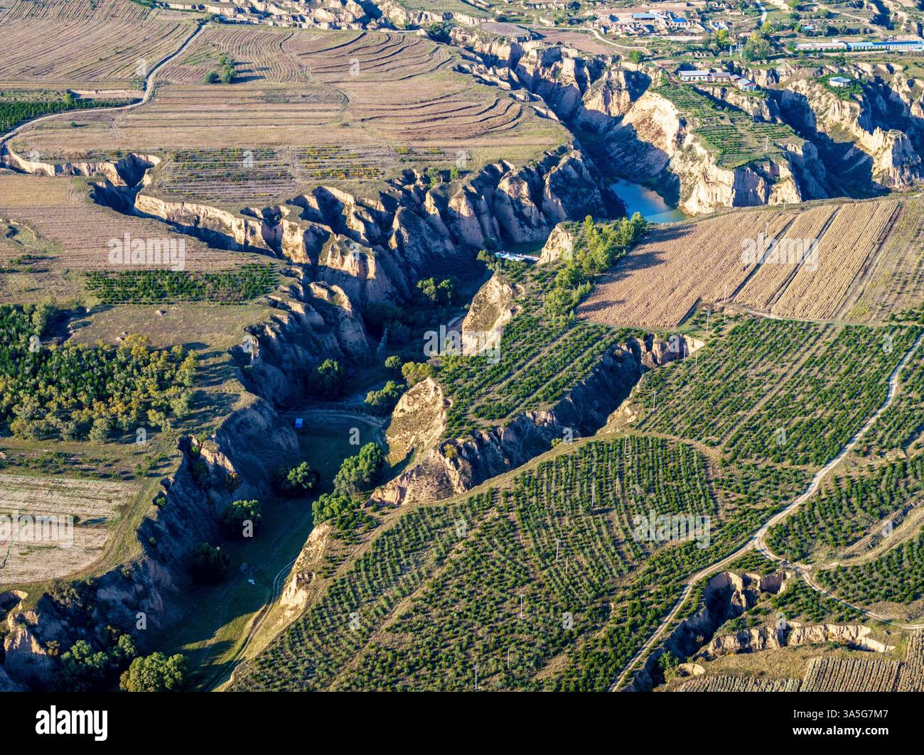 Aerial view of valleys formed by erosion on the loess plateau in the ...