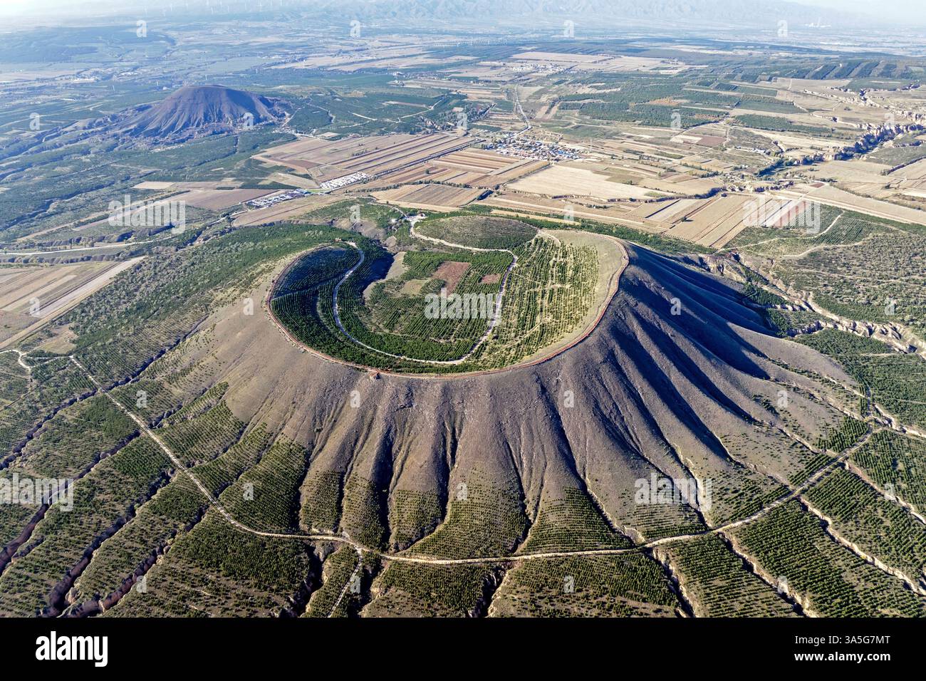 Aerial view of eroded extinct volcanoes in the volcano geologic park in ...