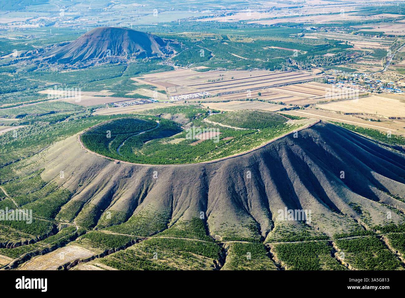Aerial view of an eroded extinct volcano in the volcano geologic park ...