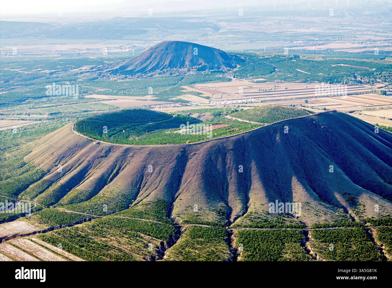 Aerial view of an eroded extinct volcano in the volcano geologic park ...