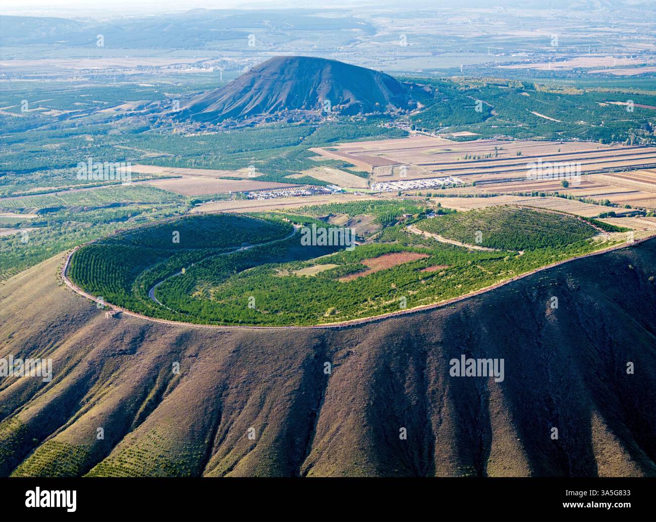 Aerial view of an eroded extinct volcano in the volcano geologic park ...