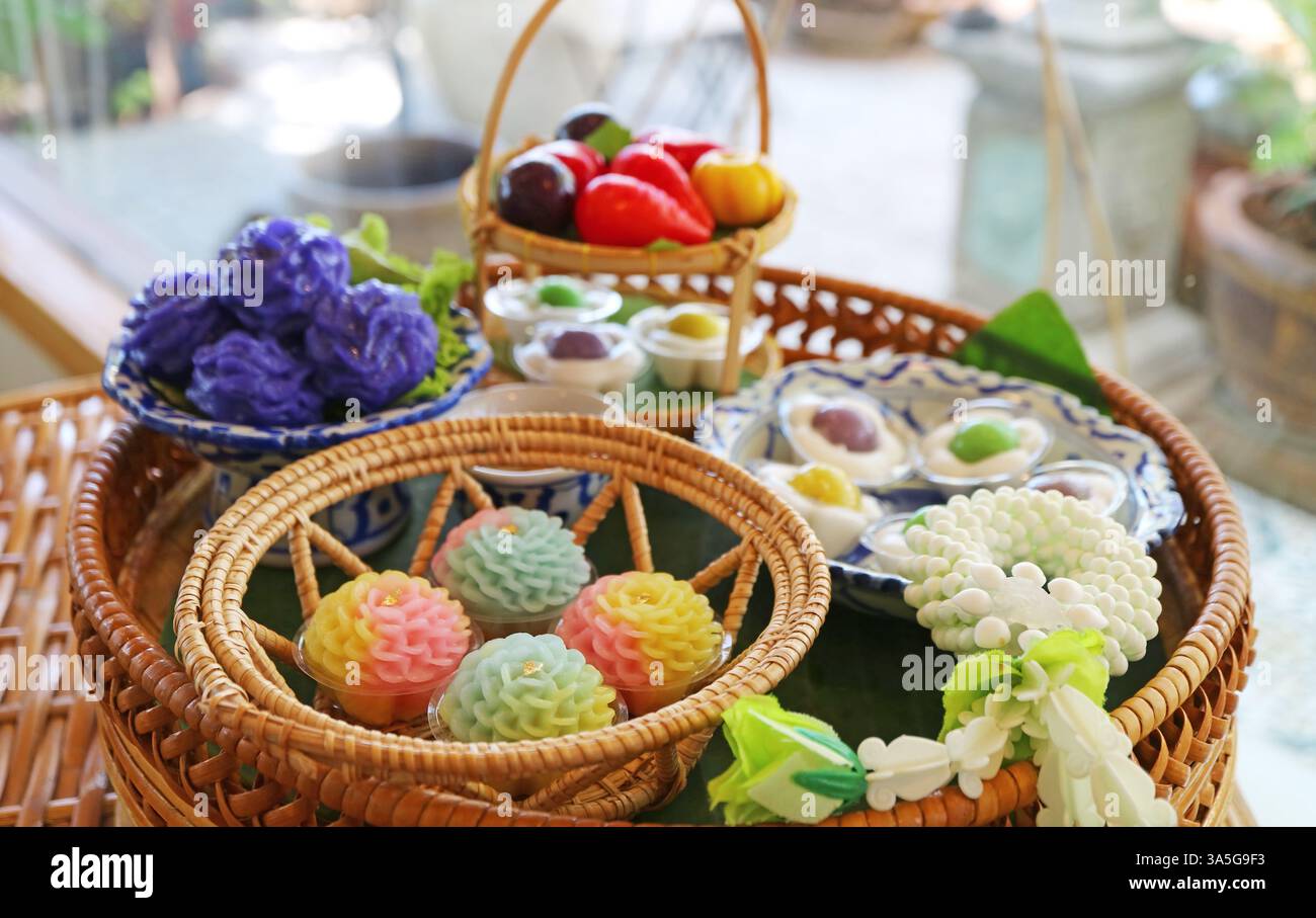 Set of Beautiful and Delectable Thai Traditional Sweets Mainly Made of Coconut Milk and Sweetened Mung Beans Stock Photo