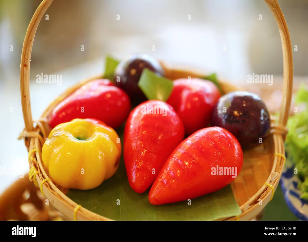 Mini Fruits and Vegetables Shaped Thai Style Marzipan Called Kanom Look Choup, a Famous Thai Traditional Dessert Stock Photo