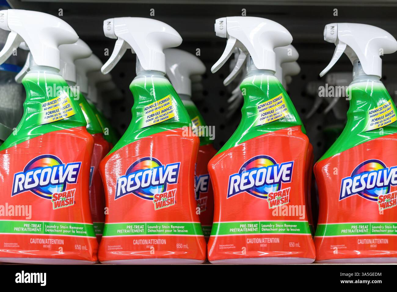 Spray bottles of Resolve stain remover on a retail store shelf. Stock Photo