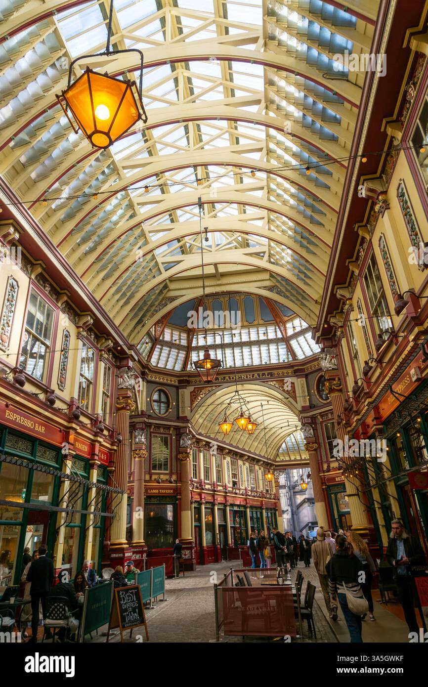 Historic covered shopping arcade Leadenhall Market, City of London, London, England, UK  architect Sir Horace Jones 1881 Stock Photo