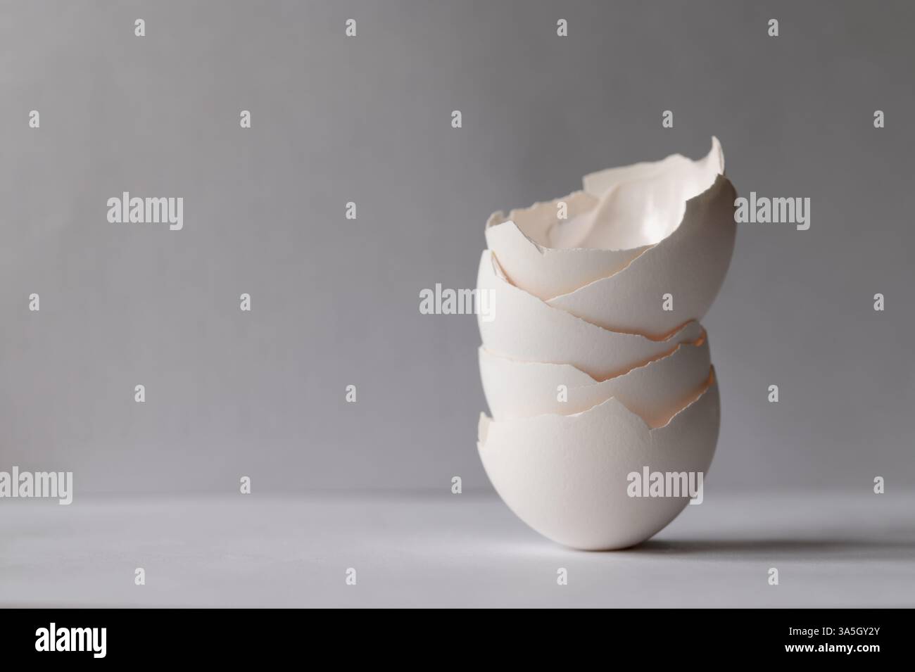 Stack of white eggshells on gray background Stock Photo