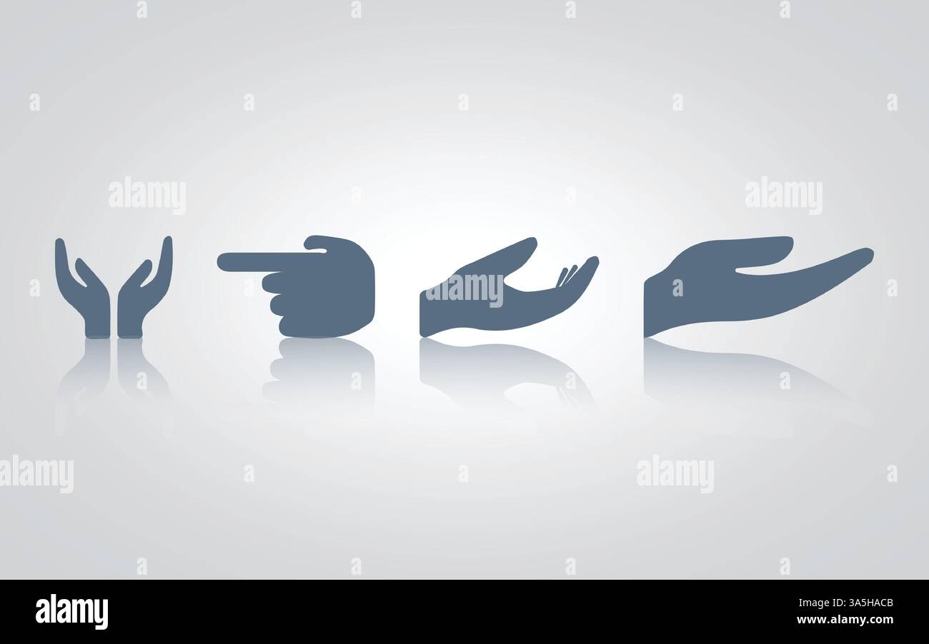 Hand gesture icons. pointer, begging, thumbs up, and thumbs down with grey color, with a silver background Stock Vector