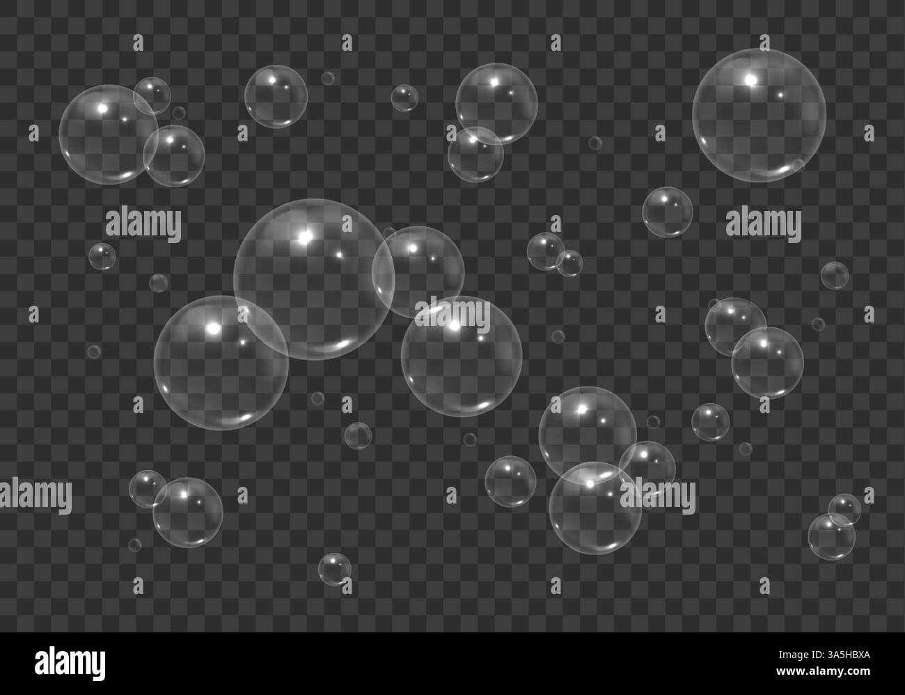 Air bubbles. Realistic flying soap or water bubbles with reflection isolated, transparent foam bubble group. Vector set. Stock Vector